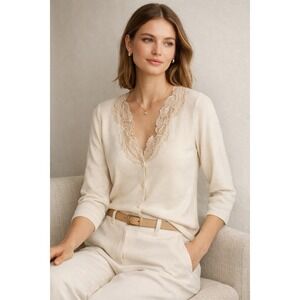 Ann Taylor Womens Size XS Silk Cashmere Lace Trim Cardigan Ivory Quiet Luxury